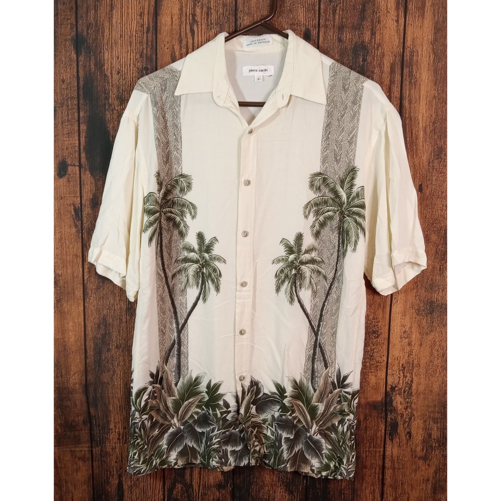 Pierre Cardin Mens Small Cream Tropical Palm Tree Rayon Button Down Camp‎ Shirt